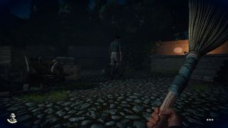 Indiana Jones and the Great Circle screenshot showing Indiana sneaking up behind an enemy with a broom in hand