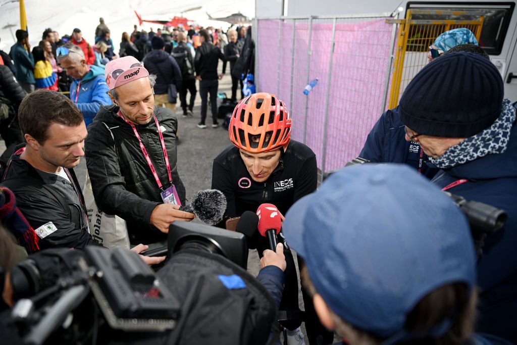 LIVIGNO MOTTOLINO ITALY MAY 19 Geraint Thomas of The United Kingdom and Team INEOS Grenadiers meets the media press after the 107th Giro dItalia 2024 Stage 15 a 222km stage from Manerba del Garda to Livigno Mottolino 2387m UCIWT on May 19 2024 in Livigno Mottolino Italy Photo by Dario BelingheriGetty Images