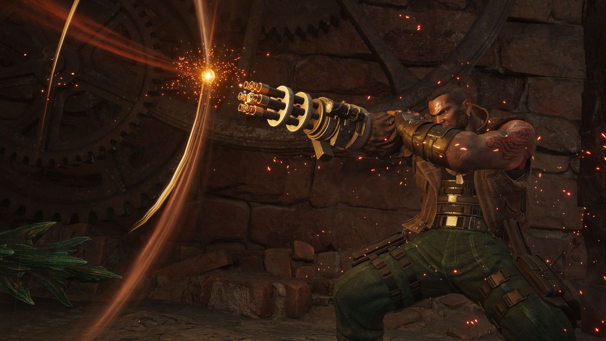 In-game screenshot of Barrett in Final Fantasy 7 Rebirth