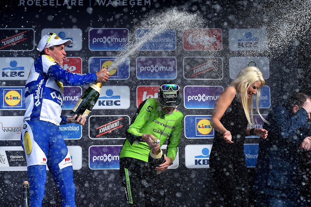 The 2015 Dwars door Vlaanderen podium celebration.