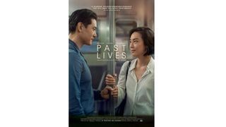 Film poster for Past Lives featuring couple meeting on a train