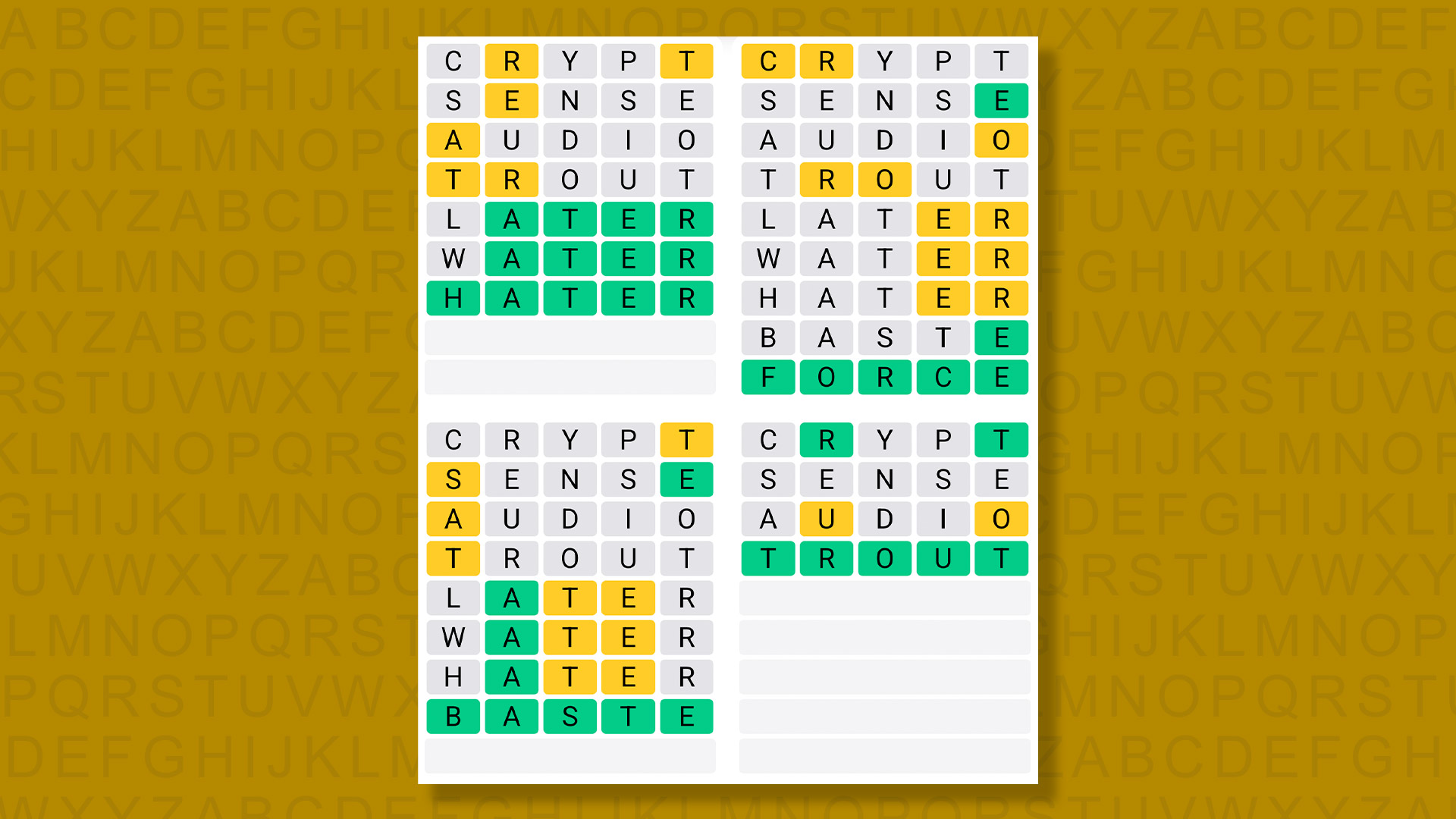 Quordle answers for game 1560 on a yellow background