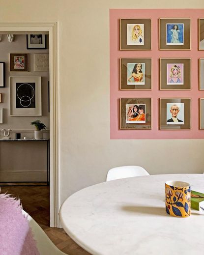 a colorful living room with a painted door arch