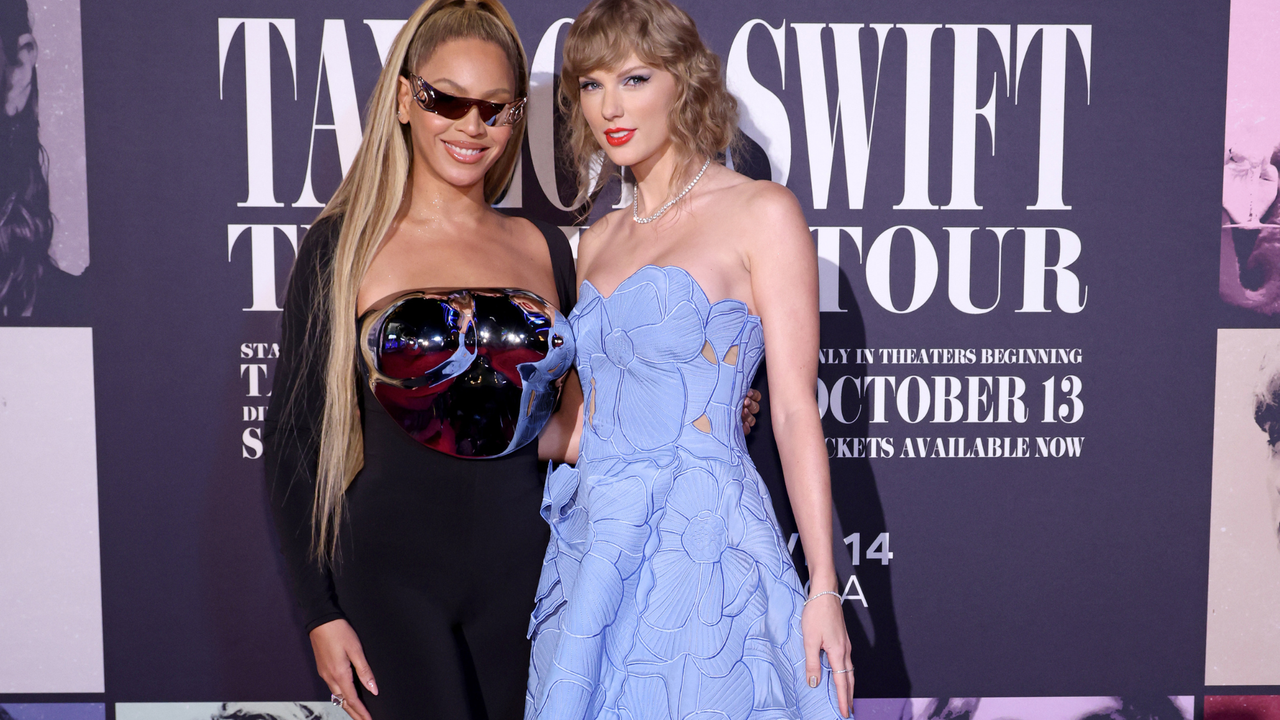 Beyoncé Knowles-Carter and Taylor Swift attend the &quot;Taylor Swift: The Eras Tour&quot; Concert Movie World Premiere at AMC The Grove 14 on October 11, 2023 in Los Angeles, California