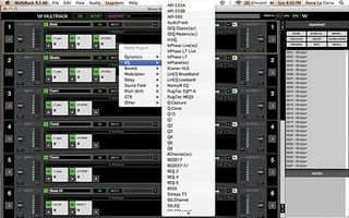 Fig. 1: Six racks added to a MultiRack session. Each rack has independent audio I/O and plug-ins that are accessed by clicking the + symbol in the rack. The open plug-in menu displays available EQs. 