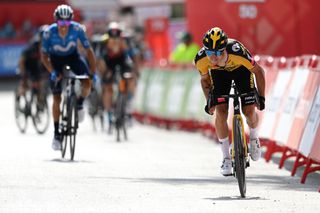 VALDEPEAS DE JAN SPAIN AUGUST 25 Primoz Roglic of Slovenia and Team Jumbo Visma sprint at finish line to win the stage during the 76th Tour of Spain 2021 Stage 11 a 1336km stage from Antequera to Valdepeas de Jan 1009m lavuelta LaVuelta21 on August 25 2021 in Valdepeas de Jan Spain Photo by Stuart FranklinGetty Images