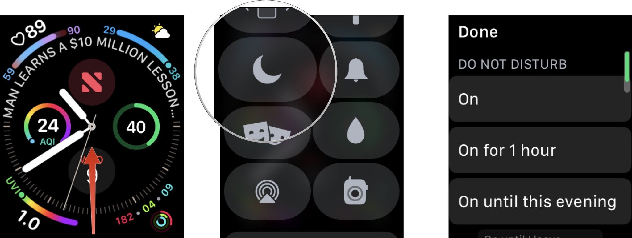 Чтобы вручную включить Apple Watch «Не беспокоить» на Apple Watch, нажмите цифровую корону, проведите вверх и выберите Пункт управления.  Коснитесь кнопки «Не беспокоить».  Выберите продолжительность режима «Не беспокоить».