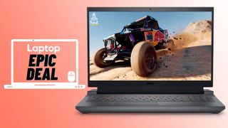 Gray Dell G15 5530 gaming laptop against salmon gradient background