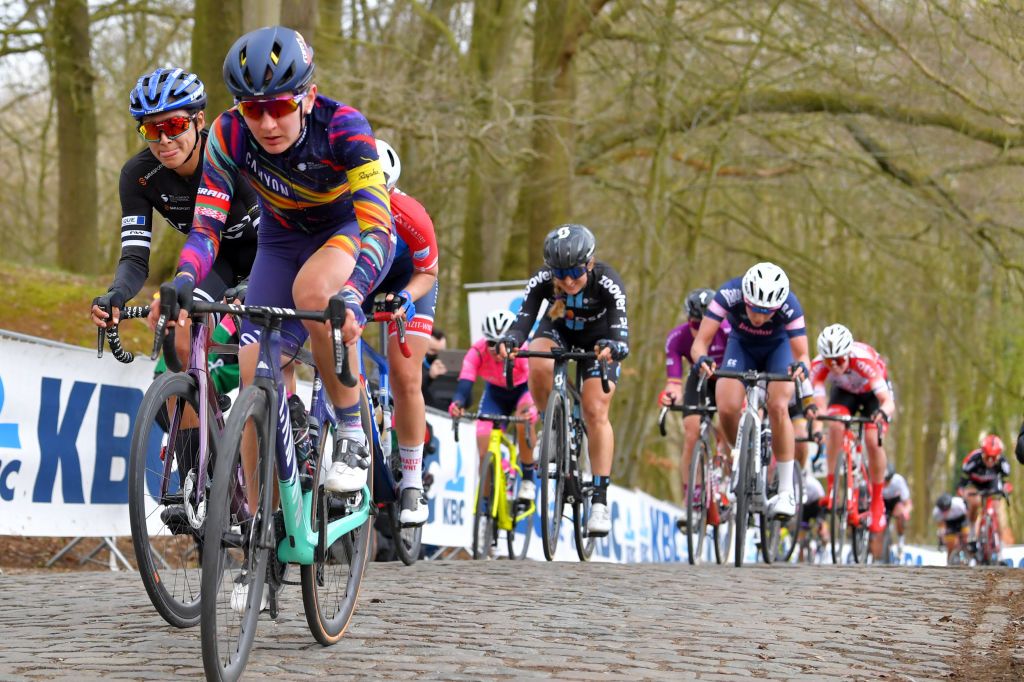 WEVELGEM BELGIUM MARCH 28 Alena Amialiusik of Belarus and Team Canyon SRAM Racing during the 10th GentWevelgem In Flanders Fields 2021 Womens Elite a 1417km race from Ypres to Wevelgem Kemmelberg Ossuaire Cobblestones GWE21 GWEWomen FlandersClassic UCIWWT on March 28 2021 in Wevelgem Belgium Photo by Luc ClaessenGetty Images