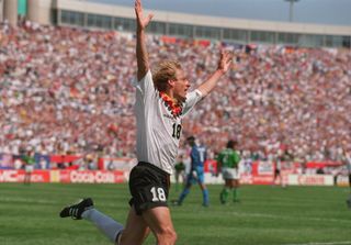 Jurgen Klinsmann celebrates scoring for Germany against Bolivia at the 1994 World Cup.