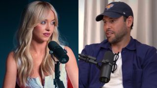 Sydney Sweeney talking into a mic on Euphoria and Scooter Braun talking into a mic on Second Thought with Suzy Weiss and The Free Press.
