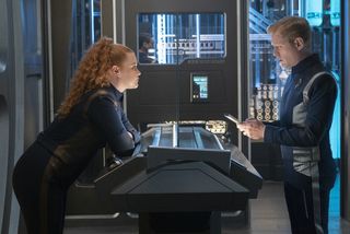 Tilly (Mary Wiseman) and Stamets (Anthony Rapp) confer in the "Star Trek: Discovery" episode "Light and Shadows."