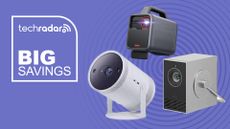 projectors on purple background with deals banner