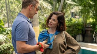 Jason Isaacs and Parker Posey as the Ratliffs in Thailand in The White Lotus Season 3 episode 1