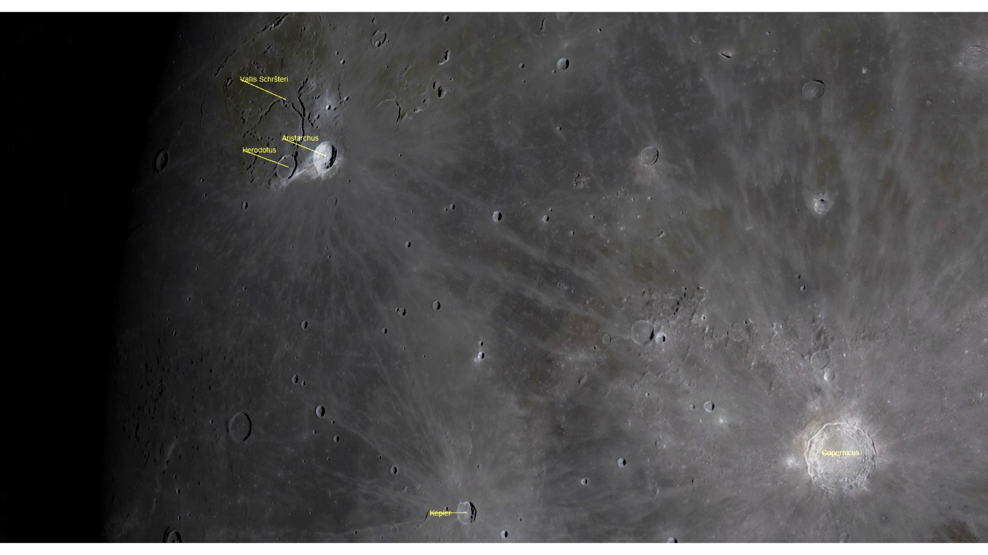 A close up of the surface of the moon from space with yellow labeled areas including the Aristarchus Plateau