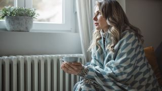 woman sitting next to a column radiator in window