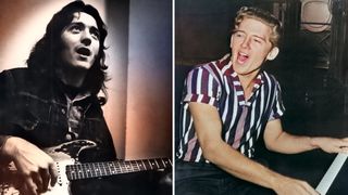 LEFT: Rory Gallager posed backstage in Manchester,England in 1973. RIGHT: Jerry Lee Lewis sits at the piano circa 1957