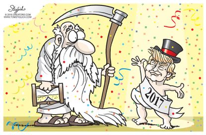 Political cartoon U.S. Donald Trump presidency 2017 new year