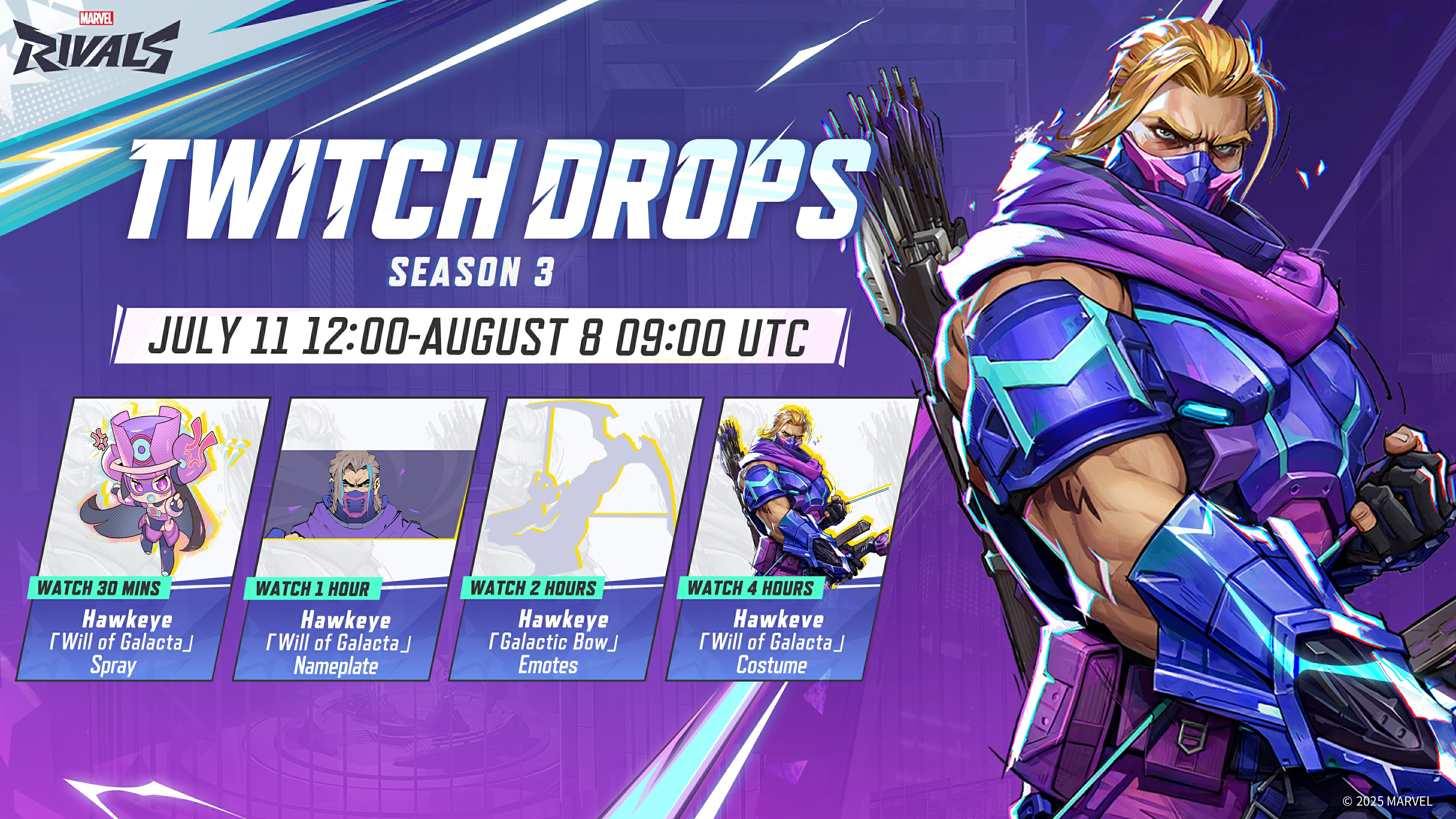 Hawkeye in a pink and blue skin, next to an assortment of cosmetic rewards