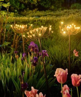 Decorative wild fennel inspired garden lights nestled within flowerbed.