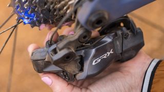 Close up details of the Shimano Shadow RD+ Di2 Rear Derailleur