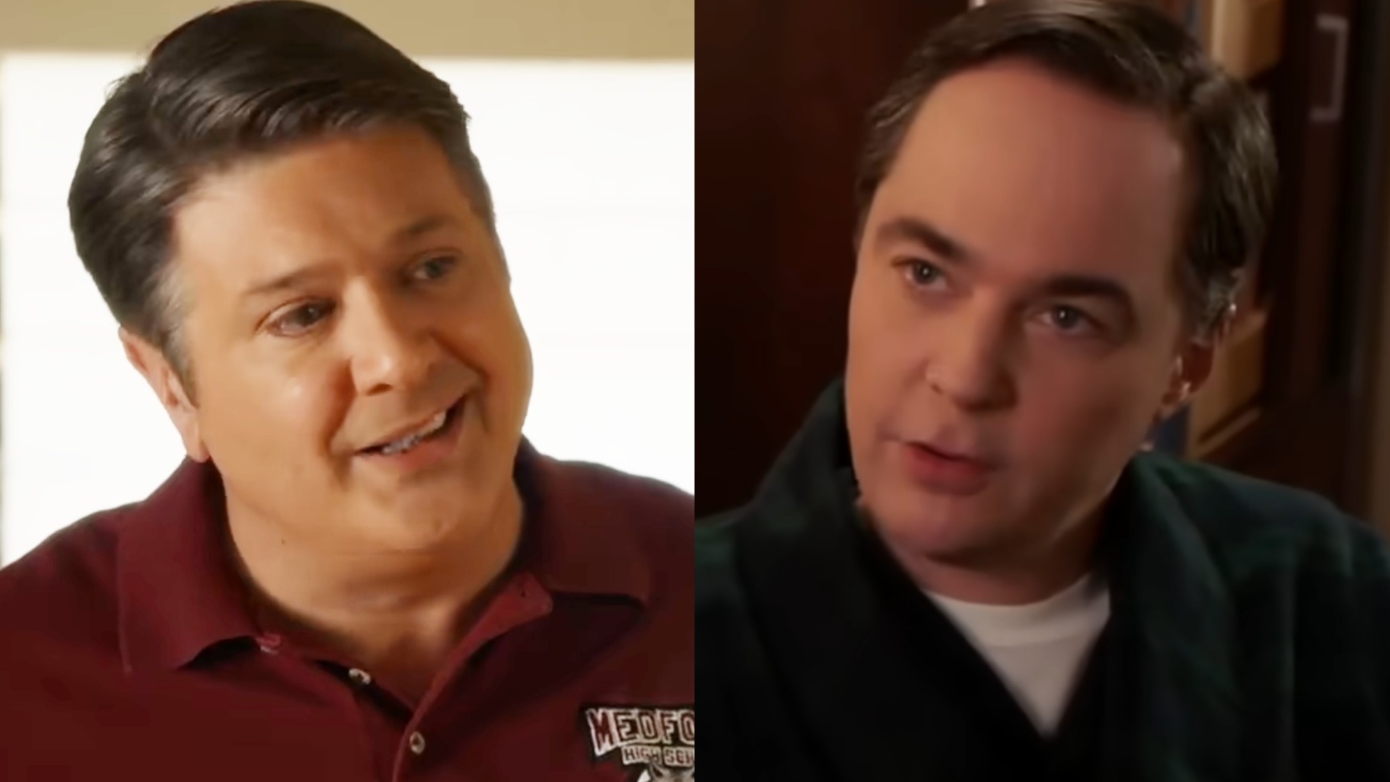 George Sr. with adult Sheldon. Side by side image.