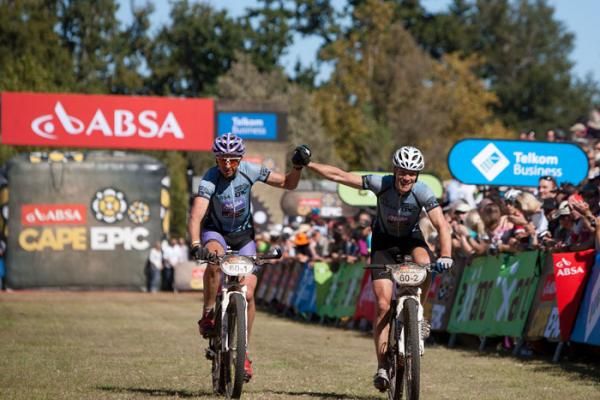 Masters winners Bart Brentjens and Jan Weevers of World Bicycle Relief finish during the final stage