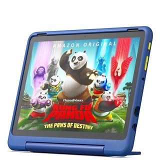 A product render of the Amazon Fire HD 10 Pro Kids Edition tablet with Kung Fu Panda on the screen