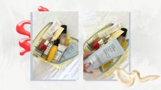 Collage of two unboxing pictures of the M&S Summer Beauty Bag 2026, on a white marble background with cream and coral nail polish swatch