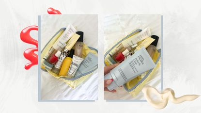 Collage of two unboxing pictures of the M&S Summer Beauty Bag 2026, on a white marble background with cream and coral nail polish swatch