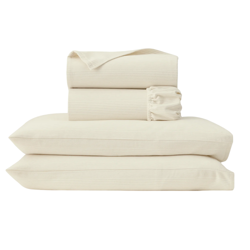 Flannel Sheet Set in Cream & Oak Fine Line Stripe