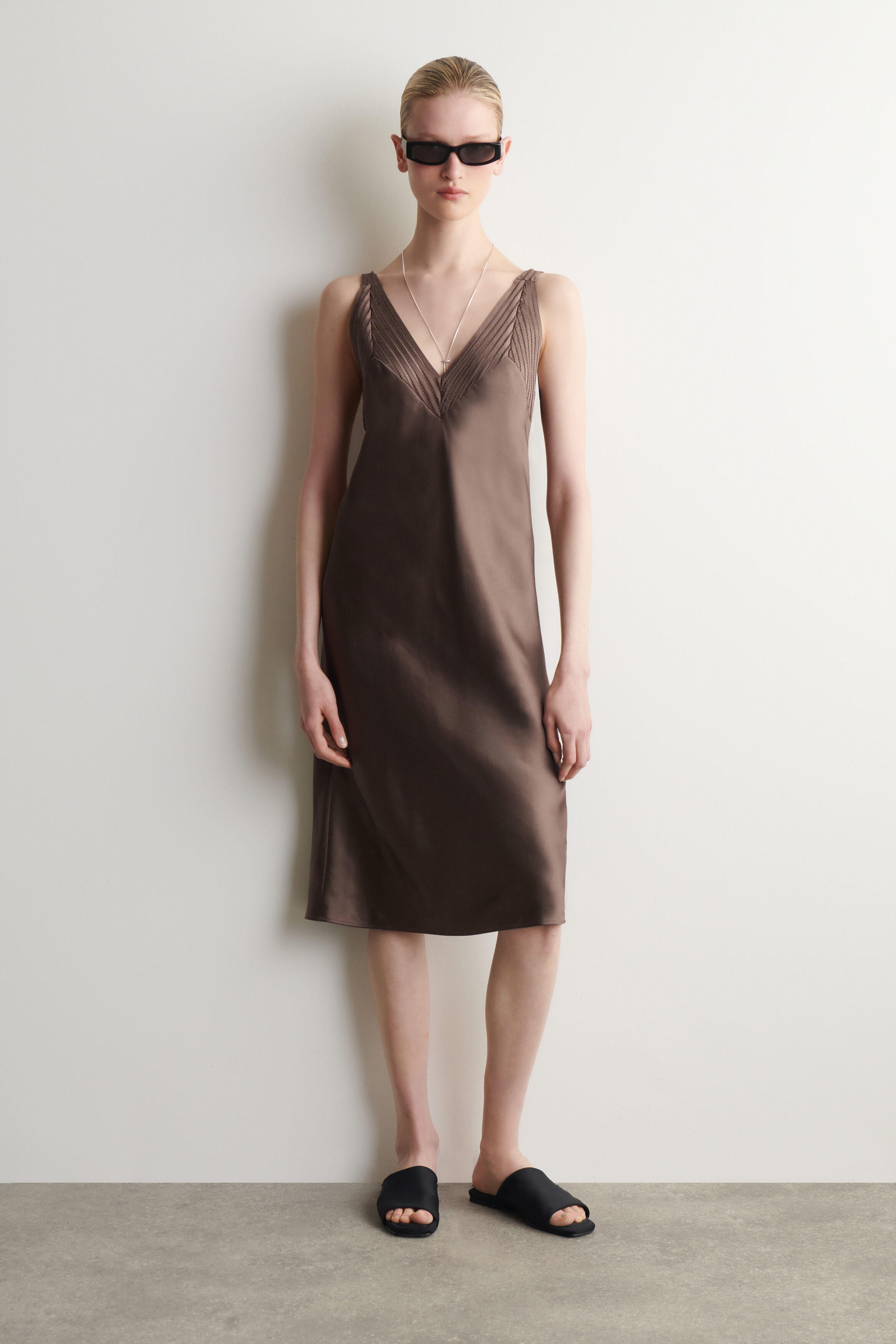 Open-Stitch Satin Slip Dress