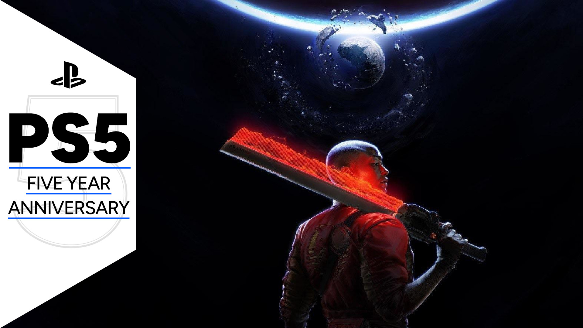 Key art for Intergalactic: The Heretic Prophet showing bounty hunter Jordan A. Mun with a cyber sword in front of a crumbling planet, with a GamesRadar+ frame that reads 'PS5: Five Year Anniversary'