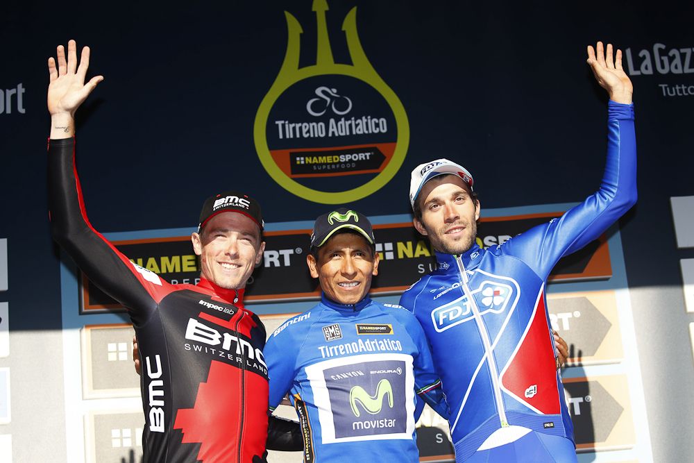 Rohan Dennis, Nairo Quintana and Thibaut Pinot on the final Tirreno-Adriatico podium