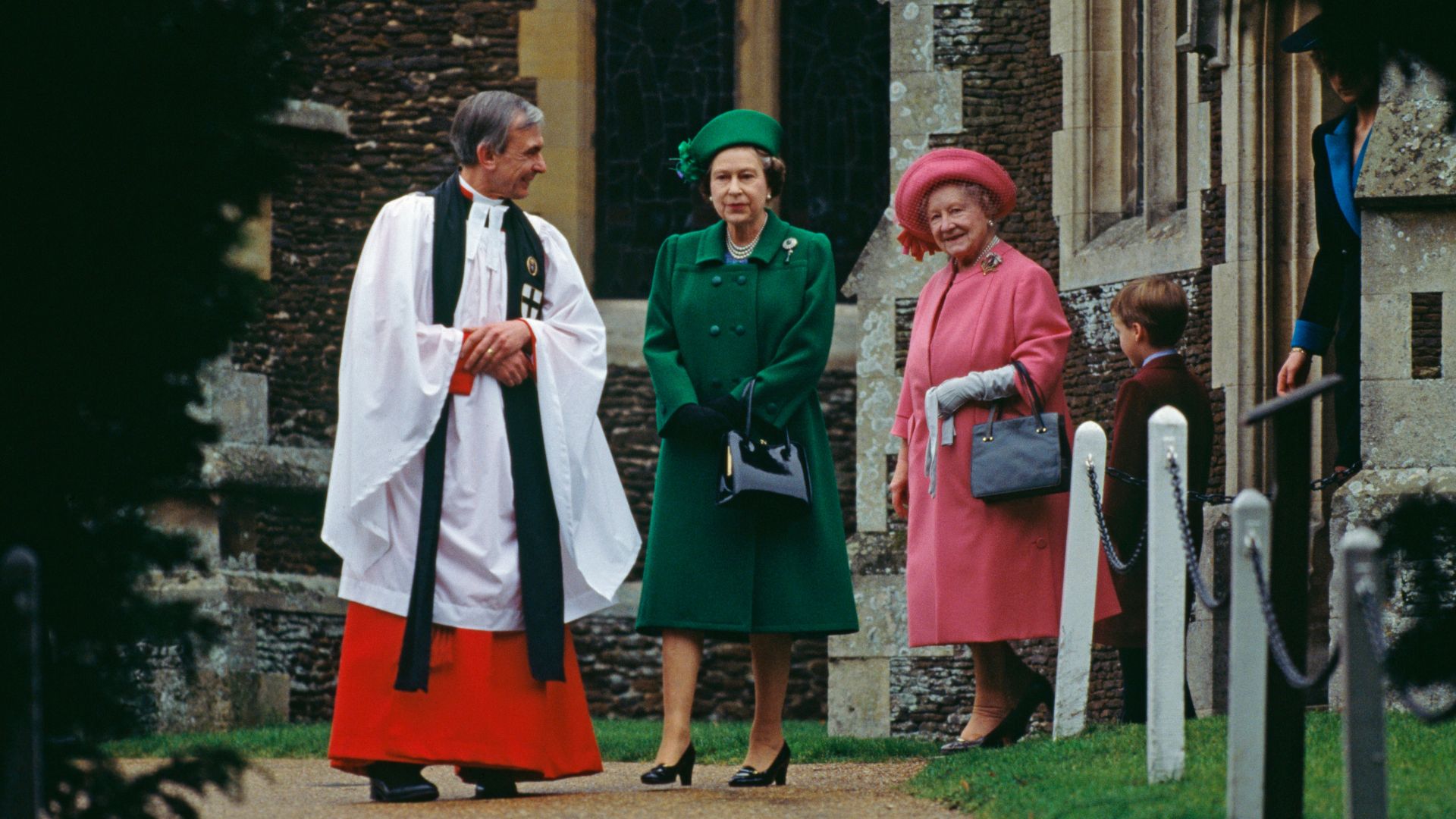 Queen Elizabeth II and the Queen Mother leaving the church at Sandringham on Christmas Day, 1988