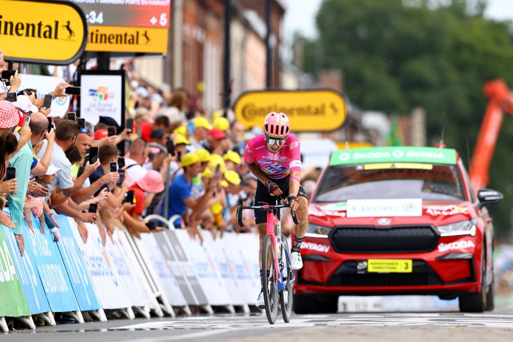 WALLERS FRANCE JULY 06 Neilson Powless of United States and Team EF Education Easypost crosses the finish line during to the 109th Tour de France 2022 Stage 5 a 157km stage from Lille to WallersArenberg TDF2022 WorldTour on July 06 2022 in Wallers France Photo by Michael SteeleGetty Images
