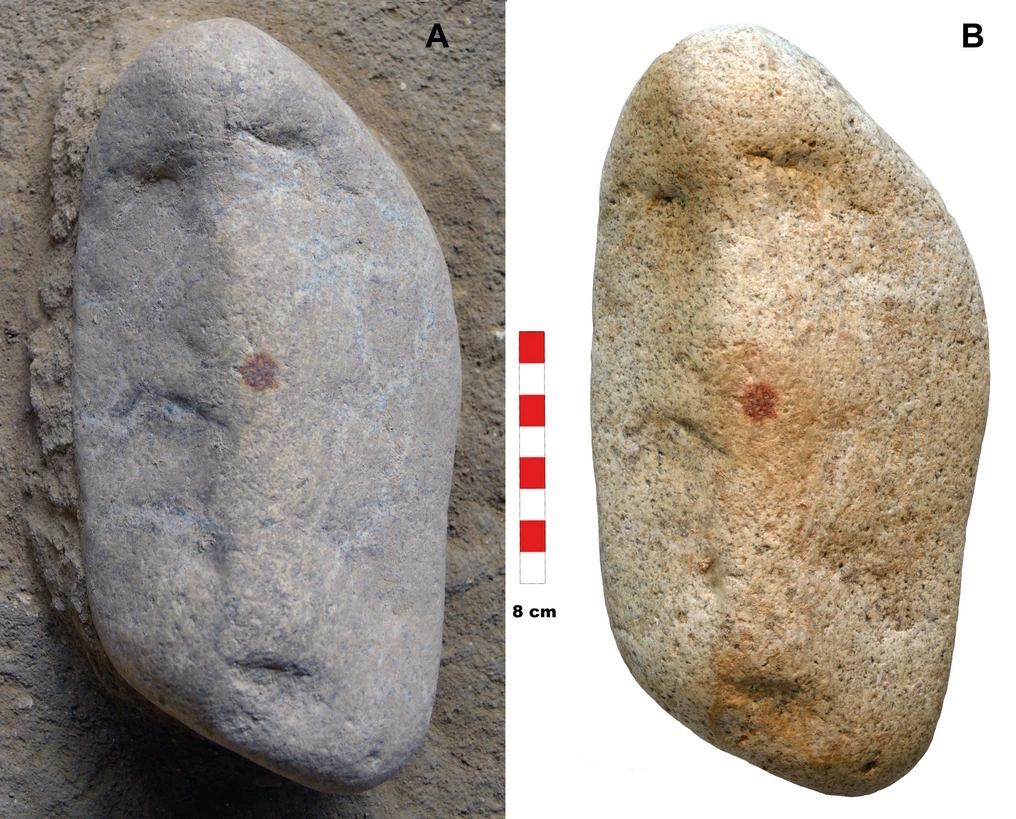 Two images of a rock with a red mark on it