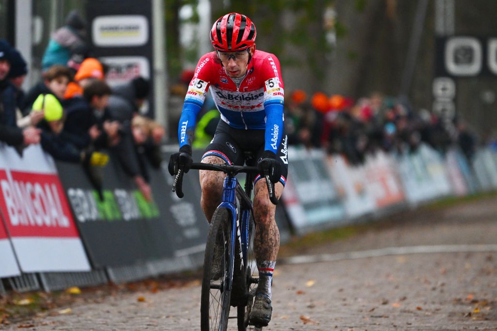 RIJKEVORSEL BELGIUM NOVEMBER 19 Lars Van Der Haar of The Netherlands and Team Baloise Trek Lions crosses the finish line on second place during the 36th Superprestige Merksplas 2022 Mens Elite Superprestige2023 CXWorldCup CycloCross on November 19 2022 in Rijkevorsel Belgium Photo by Luc ClaessenGetty Images