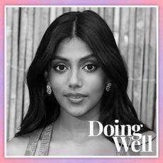 Charithra Chandran on a pink and purple ombré background with the text "Doing Well" 