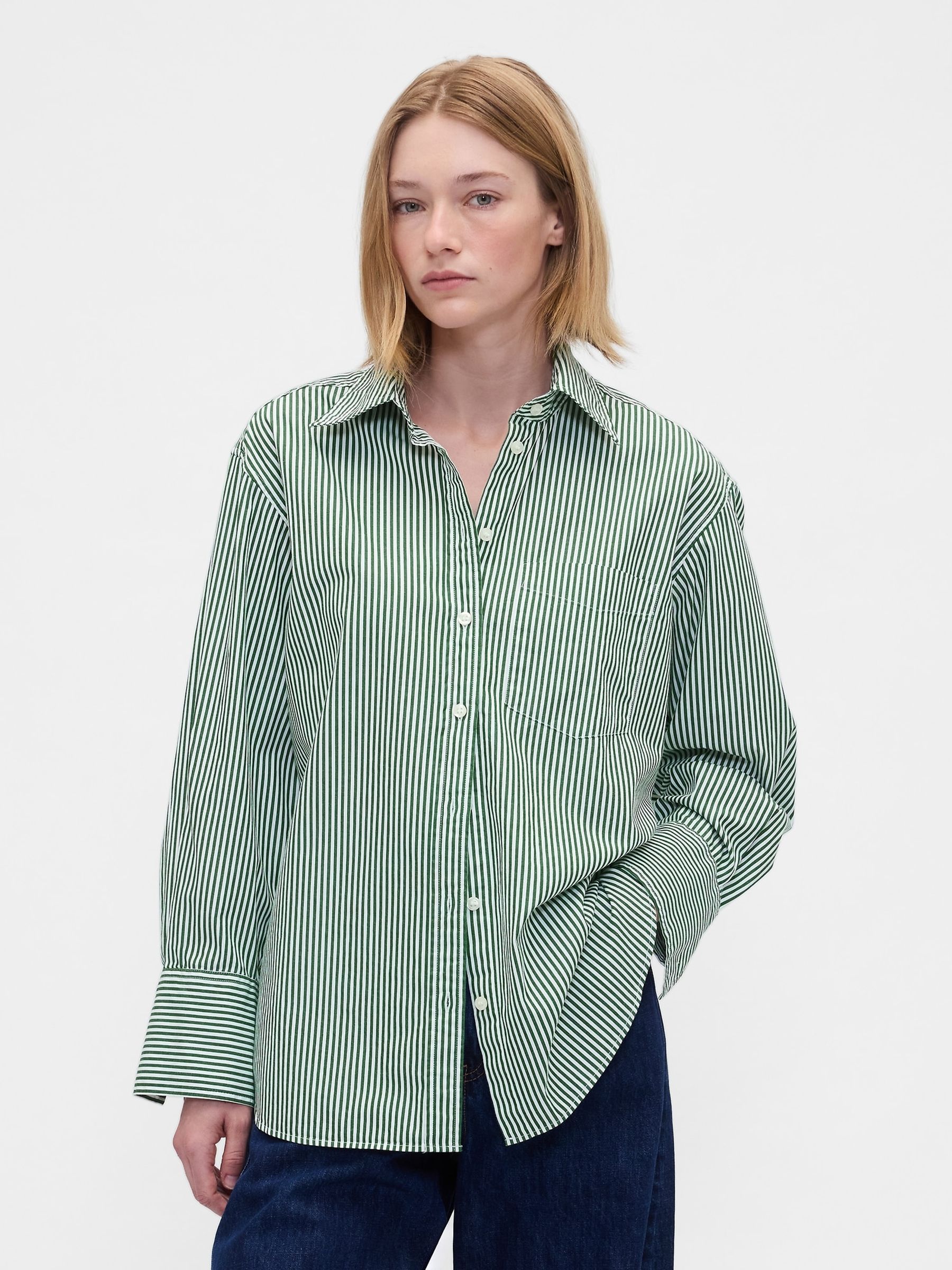 Dark Green/white Stripe Poplin Big Shirt