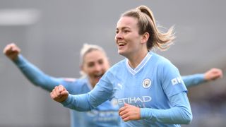 Lauren Hemp of Manchester City celebrates scoring ahead of the WSL Man City vs Man Utd women's soccer derby.