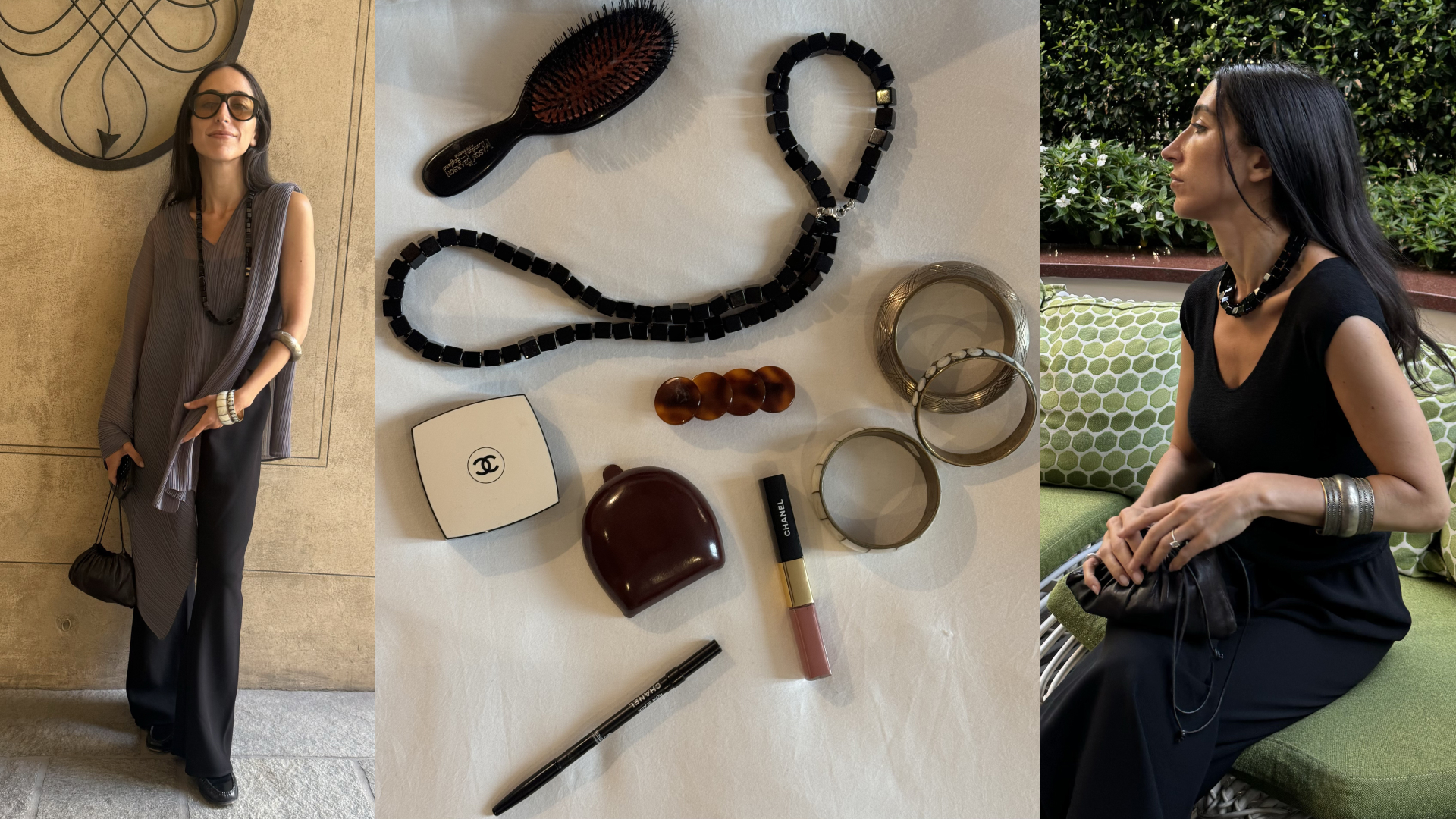 a collage of Alexis Badiyi wearing pieces from Chanel on vacation