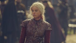 Milly Alcock as Rhaenyra covered in blood from House of the Dragon
