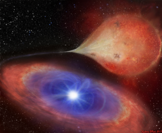 An artist's depiction of a white dwarf drawing matter from a companion star.