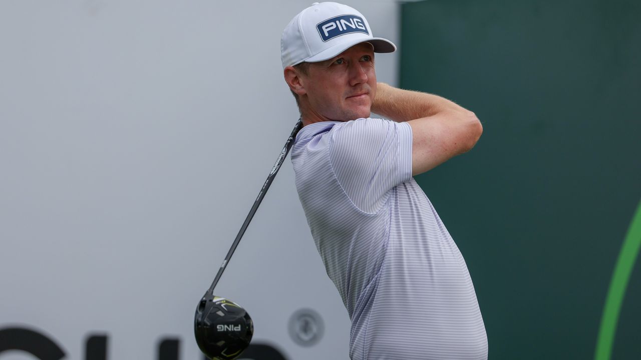 Mackenzie Hughes (CAN) watches his tee shot on the 18th hole during the first round of the PGA CJ Cup Byron Nelson on May 2, 2024