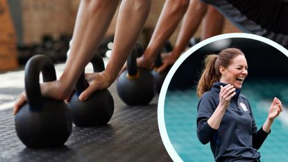 Kettlebells on the floor, one of the weights used in Crossfit, with image of Kate Middleton in workout clothes laughing and smiling over the top