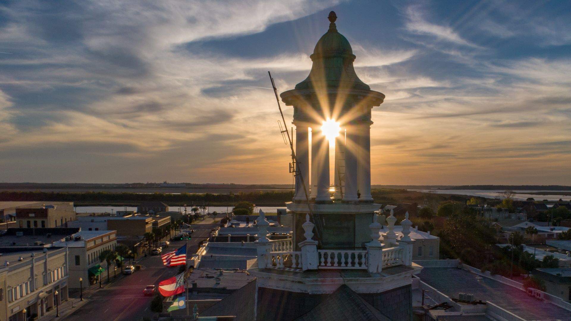 Sunlight pours through a historic building in Brunswick, Georgia.