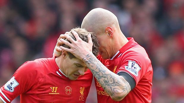 Martin Skrtel and Steven Gerrard in match between Liverpool and Manchester City