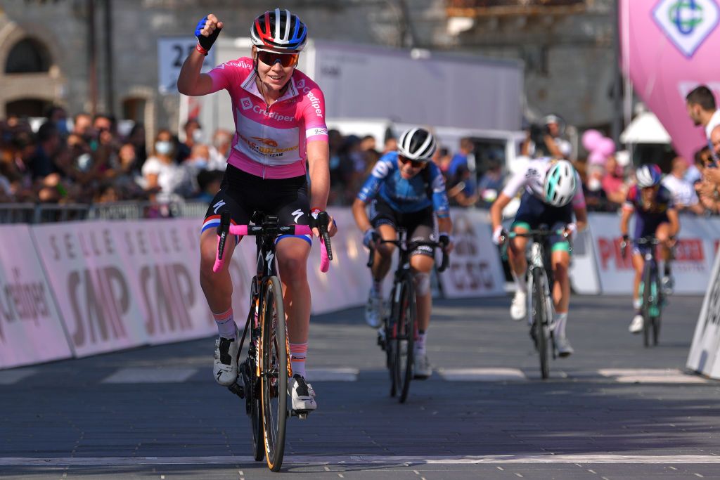 MOTTAMONTECORVINO ITALY SEPTEMBER 19 Arrival Anna Van Der Breggen of The Netherlands and Boels Dolmans Cycling Team Pink Leader Jersey Celebration during the 31st Giro dItalia Internazionale Femminile 2020 Stage 9 a 1099km stage from Motta Montecorvino to Motta Montecorvino 645m GiroRosaIccrea GiroRosa on September 19 2020 in Motta Montecorvino Italy Photo by Luc ClaessenGetty Images