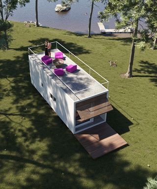 Aerial shot of Hüga, the 'indestructible' tiny home, exterior image of the compact home